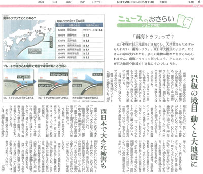 「岩板の境目 動くと大地震に　西日本で大きな被害も」朝日新聞（2012年5月19日付）